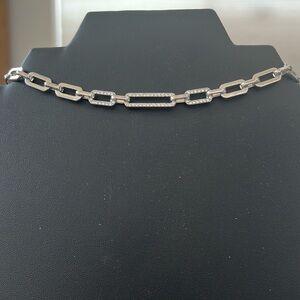 SILVER CHAIN LINK FASHION NECKLACE. RHINESTONE LINKS FRONT SIDE.